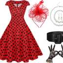 6 Pcs Vintage Swing Dress for Women 1950s, Polka Dot Dresses Tea Party Outfit Costume for Retro Derby Cocktail (Large, Red)