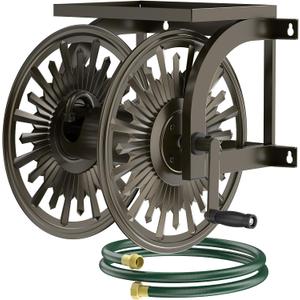 GOFORWILD Metal Decorative Wall Mount Hose Reel - Heavy Duty, Leak-Proof Connection, Holds 200ft x 5/8 Hose, Bronze Finish, Easy Assembly