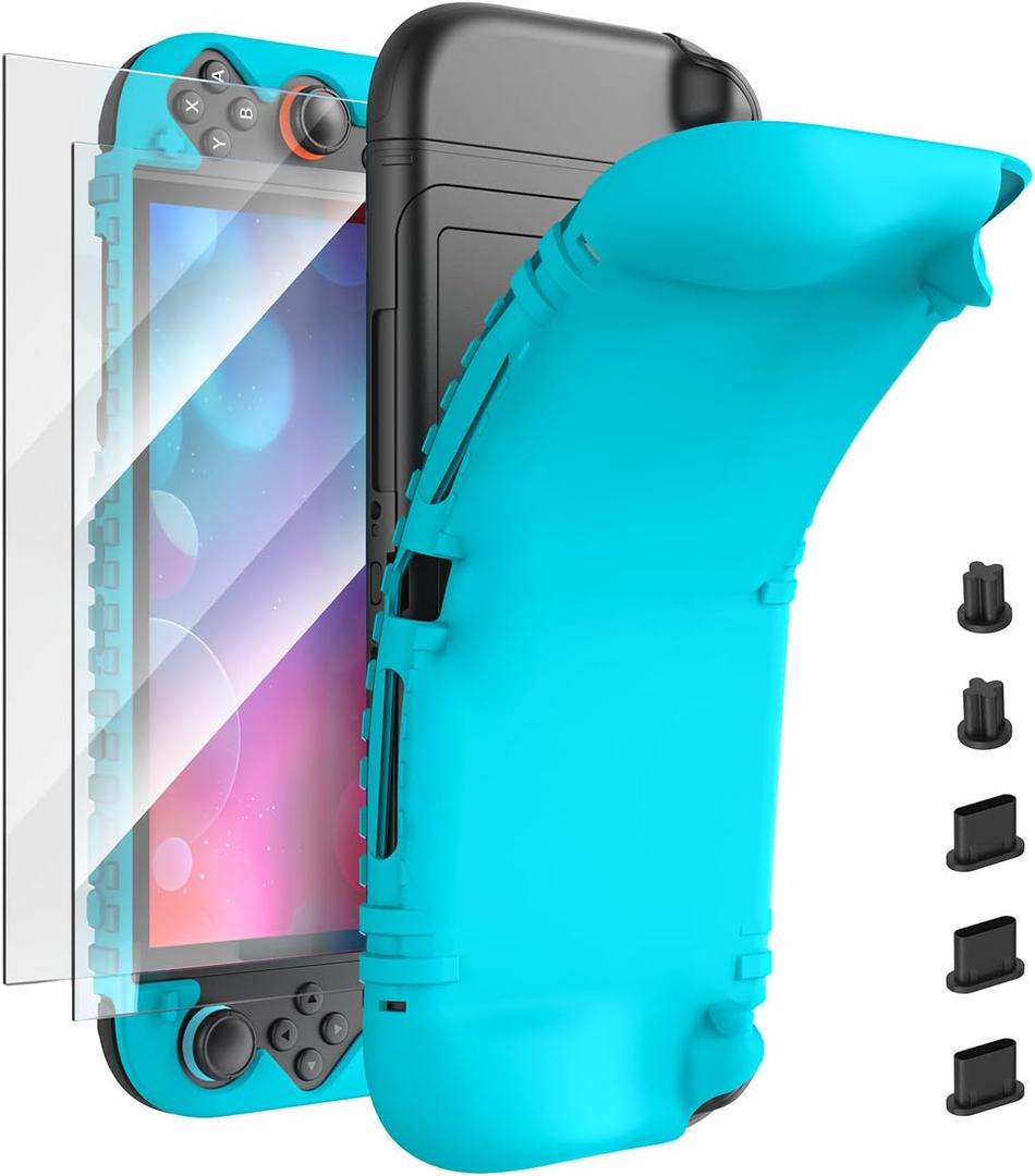 Protective Silicone Case for Nintendo Switch 2(2025), Skin Cover Protector with 2 Tempered Films&5 Dust Plugs Accessories Kit for Switch 2 Joypad&Console,Shock-Absorption &Anti-Scratch Shell,3DS & 2DS