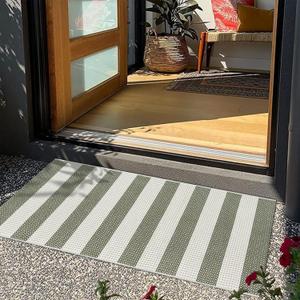 LEEVAN Outdoor Porch Rug 24"x51", Washable Front Door Mat, Spring Plaid Welcome Mat Outside Entrance, Green and White Striped Outdoor Entryway Rug, Farmhouse Buffalo Porch Layered Doormats Entry