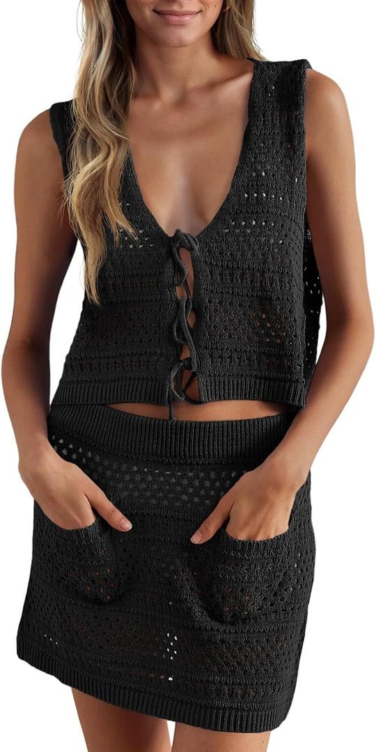 Saodimallsu Womens Crochet Swim Cover Up 2 Piece V Neck Sleeveless Front Tie Crop Tops Beach Mini Skirt Coverup Set (S)