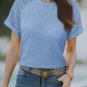 Women's Waffle Knit Tops Going Out Short Sleeve T Shirts Trendy Summer Tunic Casual Hollow Out Crochet Blouses (Blue, M)