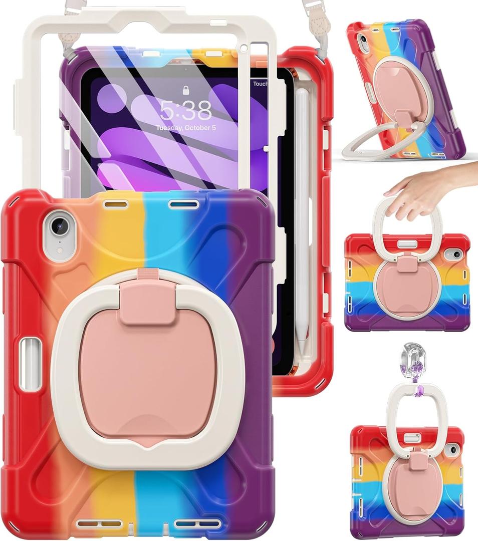 BRAECN Kids Case for iPad mini 7 (A17 Pro) & iPad mini 6, Shockproof Protective Silicone Cover with Screen Protector for 8.3 iPad, Handle Grip, Kickstand, Shoulder Strap & Pencil Holder, Colorful Red