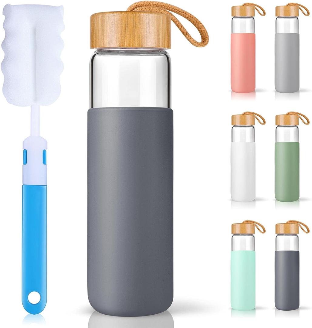 25 Oz Borosilicate Glass Water Bottles with Silicone Sleeve BPA Free, Dishwasher Safe - Reusable Clear Glass Drinking with Leak Proof Bamboo Lid | Perfect Gym Water Bottles for Men & Women (Charcoal Grey)