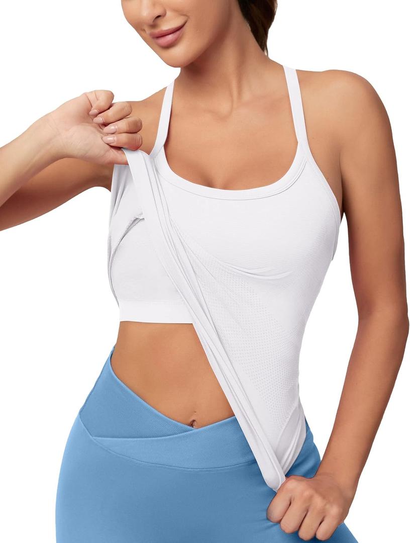 MathCat Workout Tank Tops for Women with Built in Bra, Sleeveless Gym Tops Seamless Racerback Athletic Yoga Shirts (Large, White)