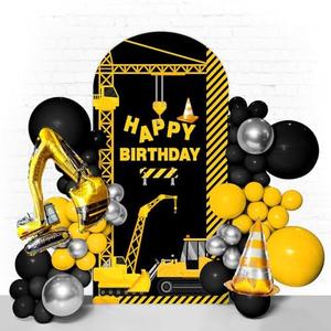 Happy Birthday Arch Cover 7.2Ft Construction Theme Party Decorations Supplies Truck Theme Double-Sided Spandex Backdrop Round Top Stretchy Party Photography Decor