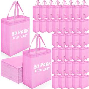 Windyun 50 Pcs Reusable Tote Bag Bulk 8 x 4 x 10 Inch Non Woven Shopping Bag with Handle Christmas Reusable Grocery Gift Tote (Pink)