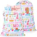 Pickmesh 2 Pcs Happy Birthday Drawstring Gift Bags 20 x 28 Inch Extra Large Baby Shower Bags Reusable Fabric Colorful Wrapping Pouches for Gender Reveal Supply Decor(White, White Birthday)