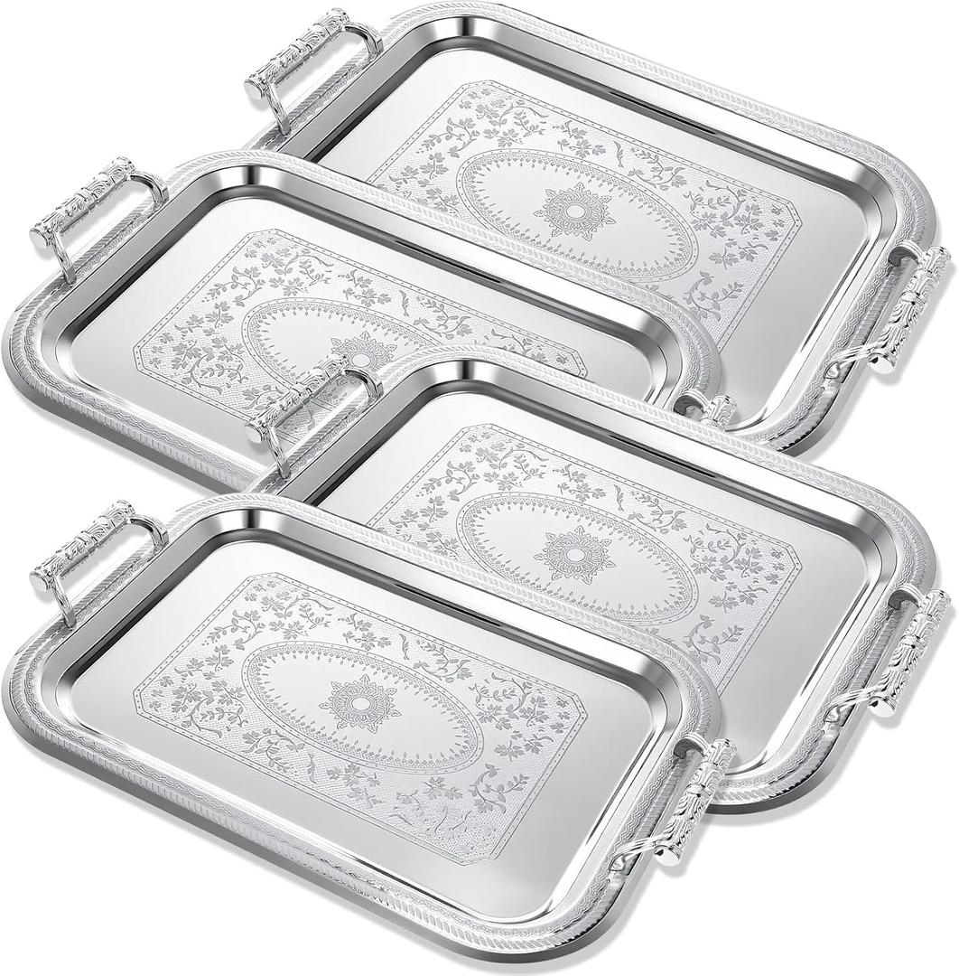4 Pack Stainless Steel Serving Tray with Handle, 16 x 11.4 Inch Large Silver Plate Elegant Floral Metal Platter Tableware for Buffet Wedding Birthday Decorative
