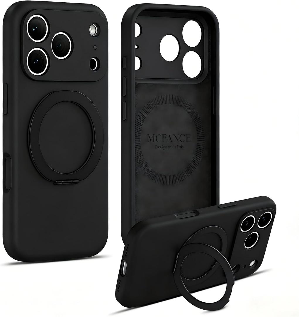 MCFANCE Stand Case for iPhone 17 Pro Max Silicone Case [Compatible with MagSafe] [Full Camera Protection] (6.9 inch 2025), Ring Kickstand Phone Cases for 17 Pro Max, Stand Black