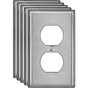[5 Pack] BESTTEN Duplex Metal Wall Plate with Protective Film, 1-Gang Standard Size, Corrosion-Resistant Stainless Steel Outlet and Switch Cover, Industrial Grade, Brushed Finish, Silver