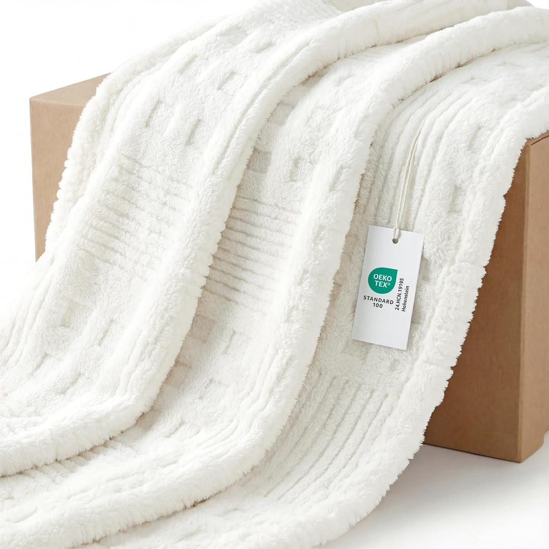 Bedsure White Cozy Throw Blanket for Couch - GentleSoft Fluffy Waffle Blanket for Sofa Bed Room Decor, Fleece Checkered Throw for Women, Warm for All Season, 50x60 Inches