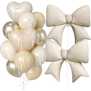 Cream and Apricot Heart Balloons, 38 Inch Bow Balloons, 16PC Champagne Gold Beige Sand White Balloon Helium with Bow Ribbons for Neutral Birthday Wedding Bridal Baby Shower Valentines Day Decorations