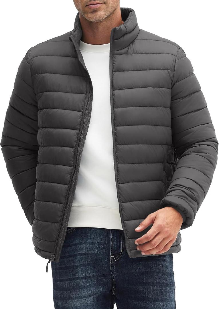 Men's Puffer Jacket Lightweight Warm Winter Jackets for Men Windproof Insulated Puffy Coat with 3 Pockets (Gray, L)
