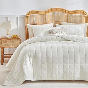 WARMDERN Linen Cotton Quilts Set Queen Size, 100% Cotton White Quilt Bedspreads with Box Stitched, 3 Pieces Soft Lightweight Bedspreads Coverlet with 2 Pillow Shams for All Season, Cream White, 90x96