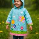 Puddle Play Kids Lightweight Rain Outwear Slicker, Hooded and Waterproof - Light Blue Garden and Butterfly Design Jacket - Size 4-5 Years