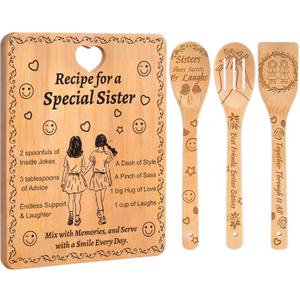 Sister Birthday Gifts - "Recipe for a Special Sister" Bamboo Cutting Board with Engraved Utensils, Best Friends Better Sisters Gift for Bridal Shower, Housewarming, Christmas