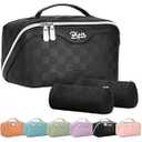 Travel Makeup Bag Organizer Cosmetic Bag: 3 Pcs Set Make up Bags for Women with Handle - Waterproof Vegan Leather Toiletry Bags with Comparments (Black)