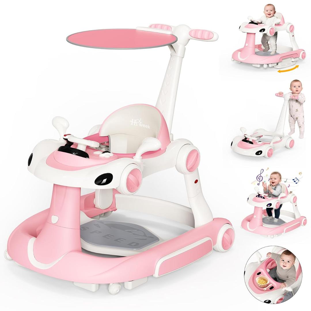 Baby Walker with Wheels, 7-in-1 Foldable Baby Walkers for Boys Girls 6-12 Months with Feeding Tray & Music, Lights,Rocker,Sun Canopy, Bouncing Pedal, Adjustable Wheel Speed, Push Walker (Pink)