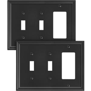 2-Pack Combo Decorator/Double Toggle Light Switch Cover Plate, Black Modern Decorative Electrical Outlet Covers, Bamboo Fiber Wall Switch Plates and Outlet Covers
