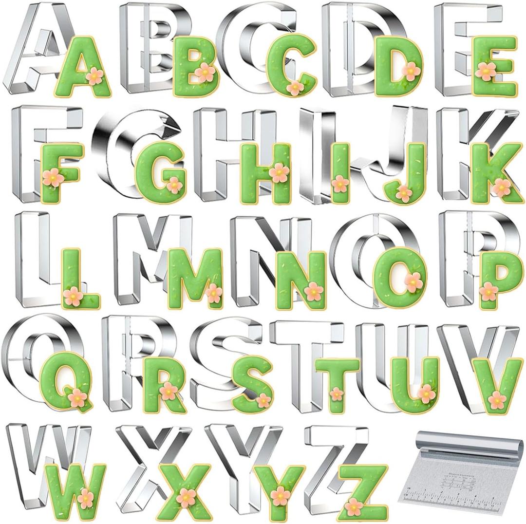 xifys 26 Pcs Alphabet Letter Cookie Cutters Shape, 3 Inch Assorted Sizes Cookie Cutter Set, Stainless Steel Fondant Molds Fruit Tools for Birthday Christmas Party Decorations, Includes Steel Scraper