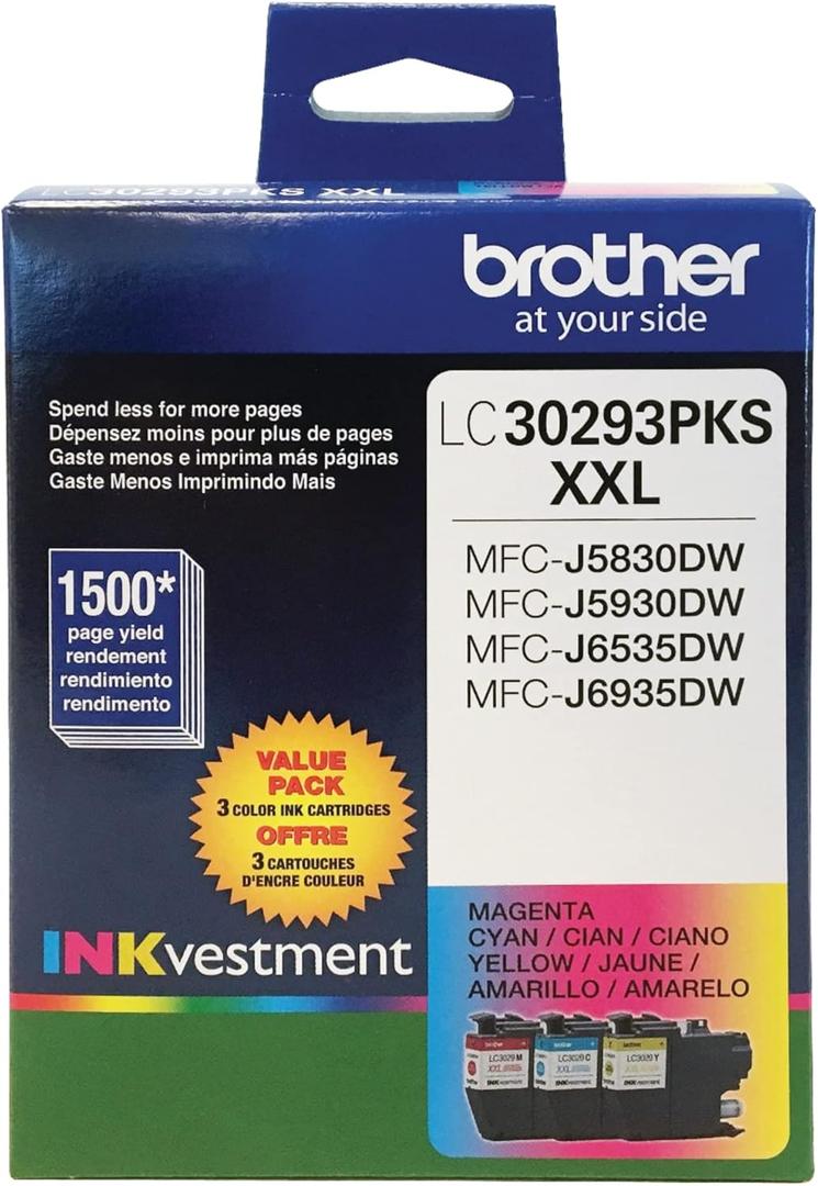 Brother LC3029 Color C/M/Y Ink Cartridges (LC30293PKS), Super High Yield, 3/Pack,Cyan/Magenta/Yellow