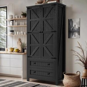 DWVO Farmhouse Kitchen Pantry Cabinet, 64.5" Tall Storage Cabinet with 2 Drawers and Adjustable Shelves, Versatile Storage for Living Room, Dining Room or Hallway, Oak Black, 64"H Double Drawers