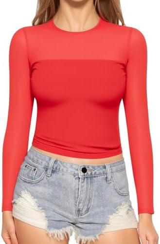 MANGOPOP Women's Mesh Long Sleeve Tops Crewneck Sexy Sheer T Shirts Slim Fitted Going Out Top Tee Red, XL