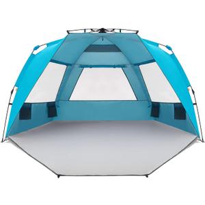 Easthills Outdoors Instant Shader Enhanced Deluxe XL Beach Tent Easy Set Up 4-6 Person Popup Sun Shelter 99" Wide for Family UPF 50+ Double Silver Coating with Extended Zippered Floor Pacific Blue