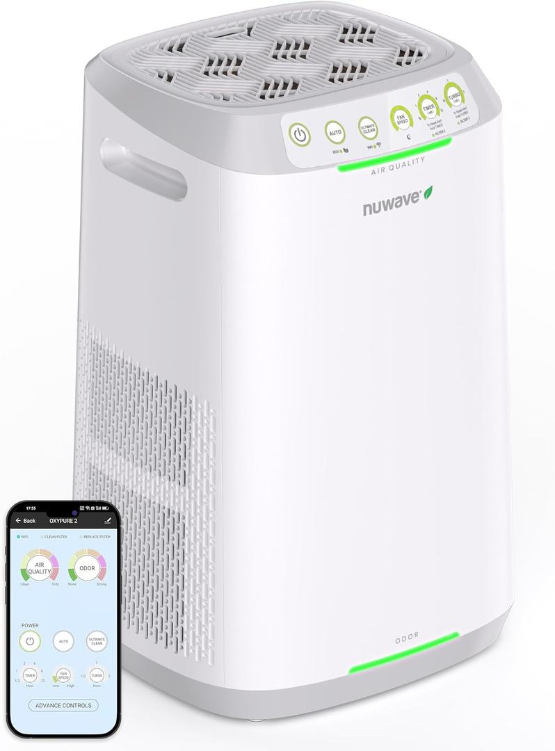 Nuwave Oxypure Zero E500 Air Purifier with Washable Reusable Filters for Large Room | Smart Air Cleaners 99.9% Removal 0.1 Micron Particles | Sleep Mode, 6 Fan Speed & Timer, App Control (Dual 3-stage filter system)