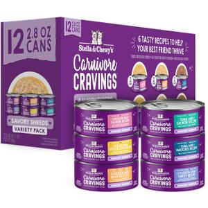 Stella & Chewy’s Carnivore Cravings Savory Shreds Canned Wet Cat Food Variety Pack – (2.8 Ounce Cans, Case of 12) (EXP 08/28/28)