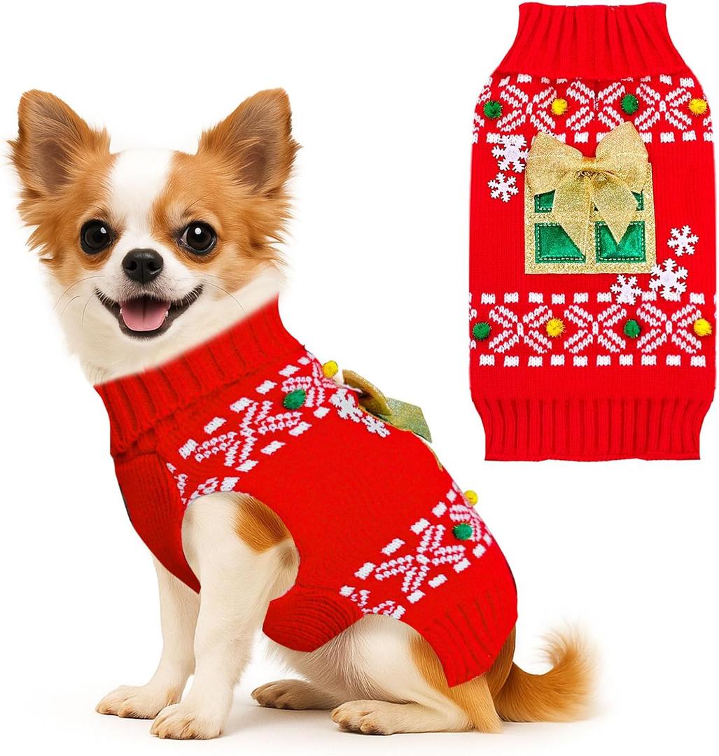 BAEJMJK Dog Christmas Sweater Striped Xmas Holiday Dog Clothes Warm Turtleneck Pet Puppy Outfits Costume Fall Winter Knit Pullover for Dogs(Red Present,Small)
