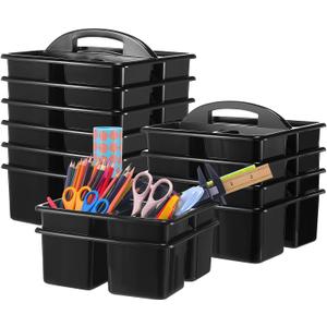 Threehoney 12 Pack Classroom Caddy Storage Basket with Handle 3 Compartment Plastic Storage Caddy Bulk for Arts Office Crafts Pencil Crayon Marker School Supplies(Black)