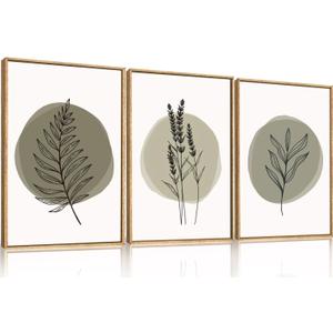 HOURIA Sage Green Leaves Framed Canvas Wall Art Set,Minimalism Boho Leaf Wall Decor, Modern Nature Botanical Wall Painting,Mid Century Plant Art Prints for Living Room,Bedroom,Farmhouse-24 x36 x3