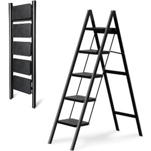 Step Ladder 5 Step Folding, OOSOFITT 330 Lbs Load Heavy Duty Step Ladders for Home/Indoor, Tall Kitchen/Closet Ladder for Adults, Lightweight Compact Ladder with Anti-Slip Wide Pedal White, Black (5 Step Ladder)