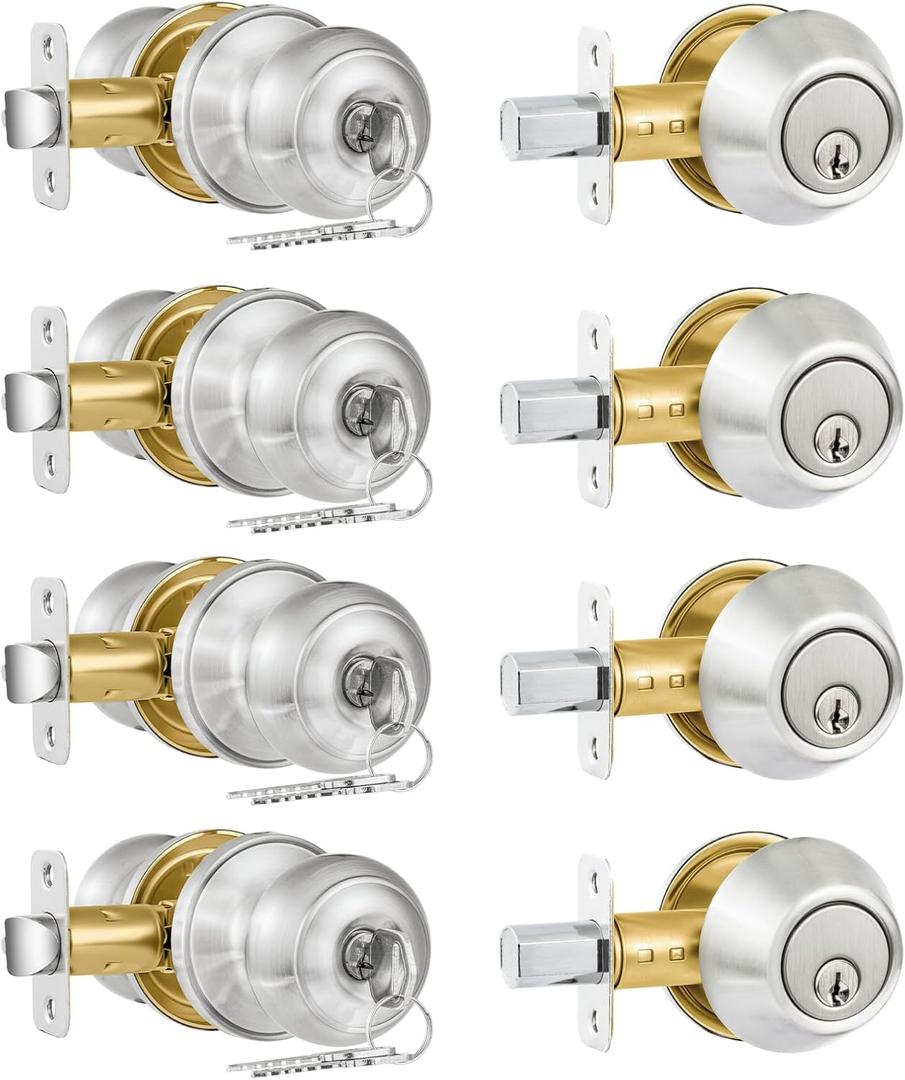 Plustool 4 Pack Exterior Door Lock Set, Satin Nickel Door Knob and Deadbolt Combo Set, Keyed Alike Entry Door Knobs with Lock&Keys, Round Ball Door Locksets with Deadbolt for Entrance and Front Door