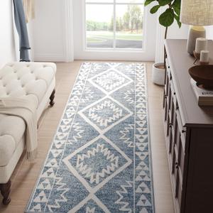 jinchan Boho Kitchen Runner Rug 3x7 Moroccan Trellis Hallway Runner Rug Washable Tribal Non Slip Soft Geometric Thin Farmhouse Carpet for Bedroom Bathroom Laundry Room Living Room Heathered Blue