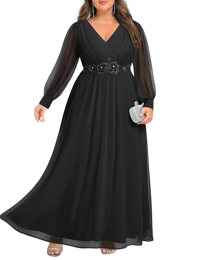 Pinup Fashion Women Plus Size Formal Dresses - Long Sleeve Evening Gown Applique Chiffon Maxi Dress, XL