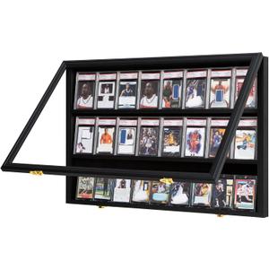 Baseball Card Display Case 24 Graded Sport Card Display Case Wall Mount with Clear View and UV Protection Acrylic Door for Baseball Football Basketball Hockey Trading Card Collection, Black (24-Horizontal-Black-1Pack)