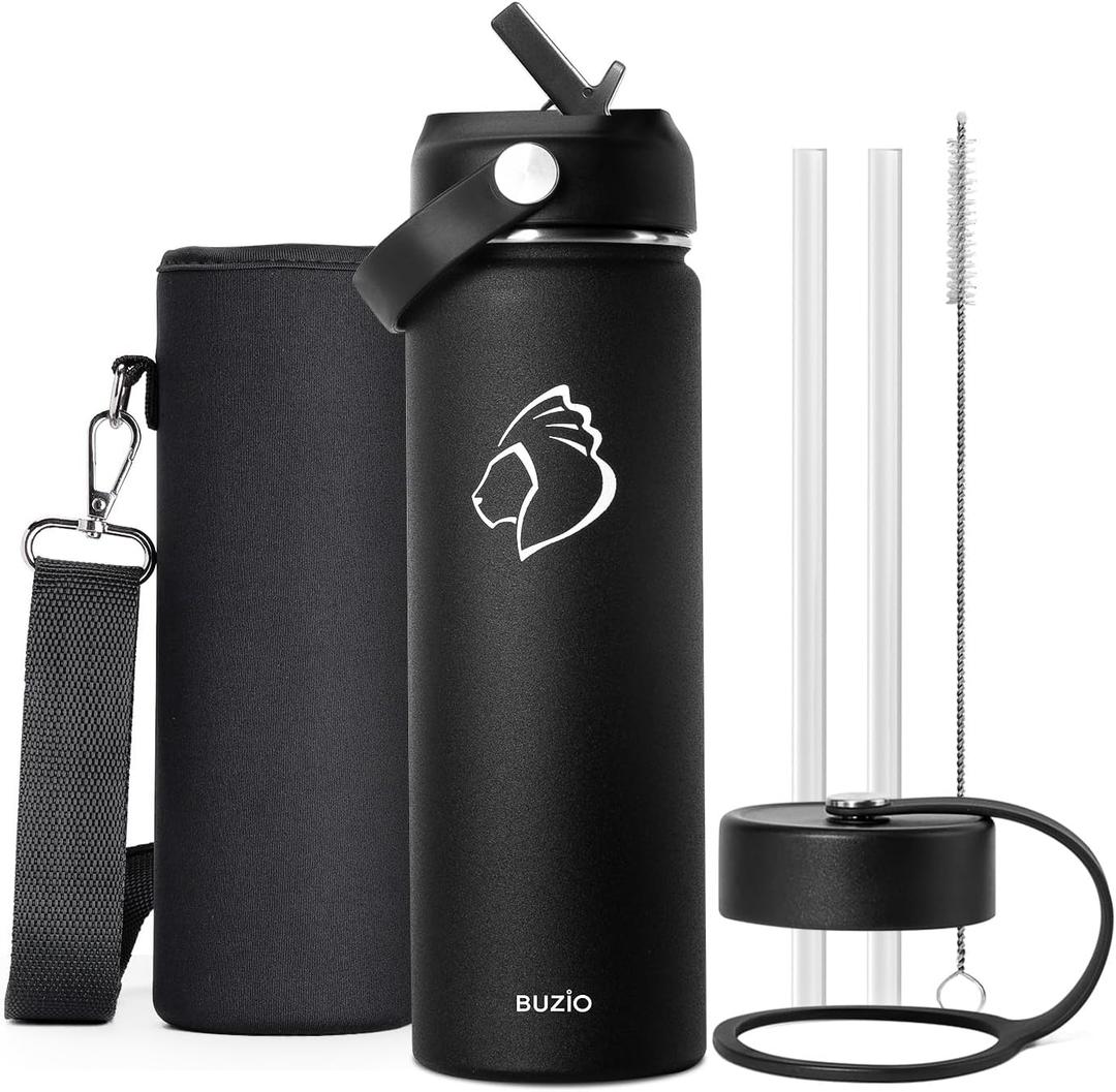 BUZIO 24 oz Insulated Water Bottle, Stainless Steel Wide Mouth Water Flask with Straw Lid, Cold for 48 Hrs Leak Proof Metal Hydro Thermo Canteen Mug, Black (22 Ounces) BUZIO 24 oz Insulated Water Bottle, Stainless Steel Wide Mouth Water Flask with Straw Lid, Cold for 48 Hrs Leak Proof Metal Hydro Thermo Canteen Mug, Black (22 Ounces)