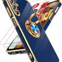 LeYi for Samsung Galaxy A15 5G Case: with Tempered Glass Screen Protector [2 Pack] 360 Rotatable Ring Holder Magnetic Kickstand, Plating Rose Gold Edge for A15 5G Case, Cute Present for Mom,Blue