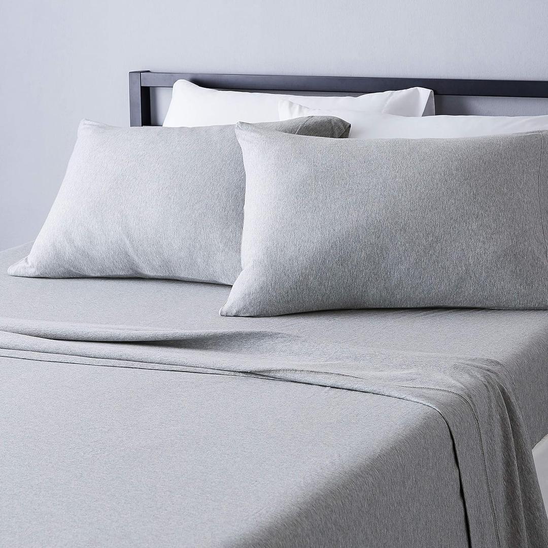 4 Piece Breathable 100% Cotton Jersey Knit Bed Sheet Set, Includes Flat and Fitted Sheets, Pillowcase, Stretchy, Full, Light Gray, Solid
