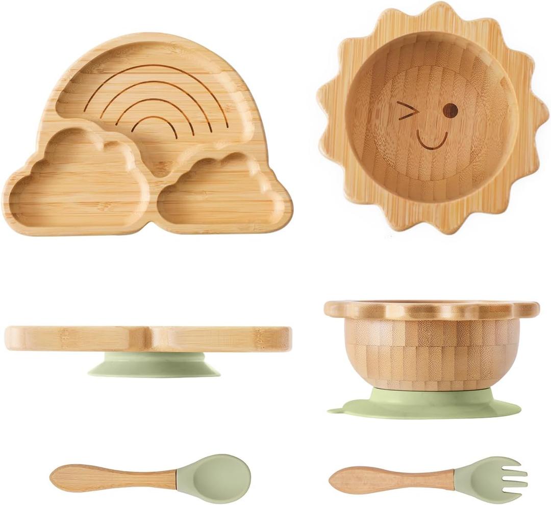 let's make Bamboo Suction Plates Bowls Set for Baby Toddler Divided Platter Food bowl with Silicone Fork & Spoon All-Natural Baby Feeding Set for Baby-Led Weaning, Non-Slip Design