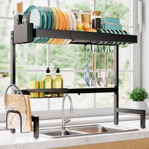 Sakugi Over The Sink Dish Drying Rack, Expandable 2-Tier Stainless Steel Kitchen Storage Organization Accessories for Countertop, Rustproof & Space-Saving, 30"34.5" L x 12" W x 25" H, Black