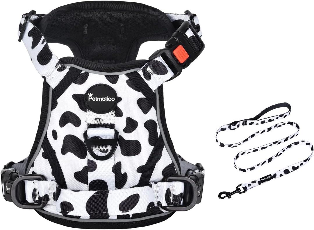 Petmolico No Pull Dog Harness and Leash Set, No Choke 4 Leash Attchments Easy Control Handle Soft Padded Reflective Vest Dog Harness for Medium Dog Breed, Cow Pattern Medium