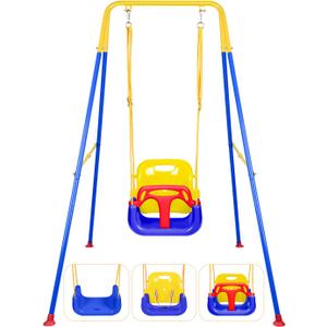 3-in-1 Toddler Swing Set, Indoor & Outdoor Baby Swing Heavy Duty Swing Set with Foldable Metal Stand for Aged 6 Months to 10 Years Old, Easy to Assemble and Store(Blue)