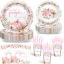 Avezano 144 pcs Fall Baby Shower Decorations for Girl Plates and Napkins Disposable Tableware Set Pink Pumpkin Baby Shower Decorations, Serves 24