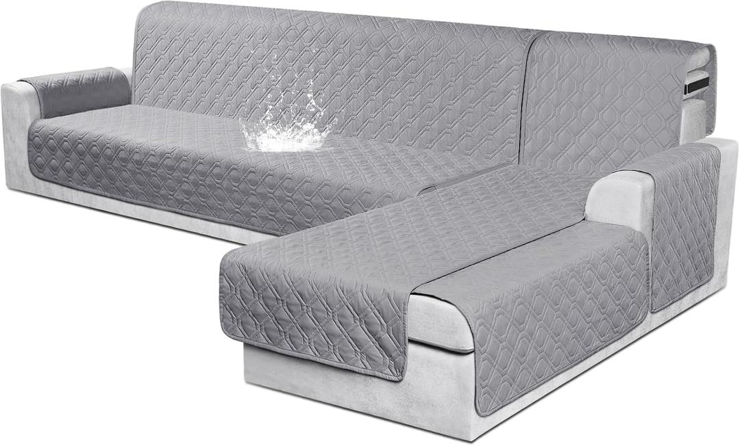 VANSOFY Sectional Couch Covers 100% Waterproof L Shaped Sofa Slipcover 3pcs Reversible Chaise Lounge Cover for Sectional Sofa Furniture Protector Cover for Pets Cat Dog(Large, Light Gray)