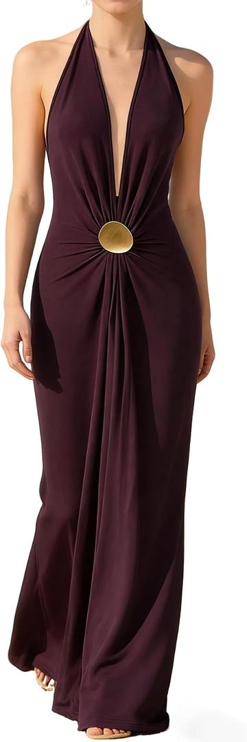 OYOANGLE Women's Deep V Neck Halter Maxi Dress Sexy Summer Backless Wedding Guest Vacation Beach Party Formal Dresses (Purple, S)