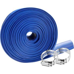 PVC Drain HOSE 2"*100ft, Pool Backwash Hose, Heavy Duty Reinforced Blue PVC Lay Flat Water, For Swimming Drain Pools and Clean Filters, with 2 Clamp